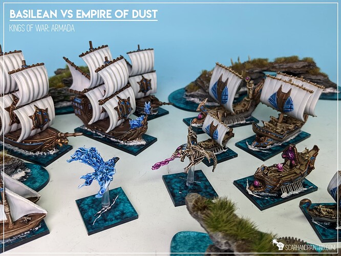 Scarhandpainting 2201 Kings of War Armada Basilean vs EoD fleets 1
